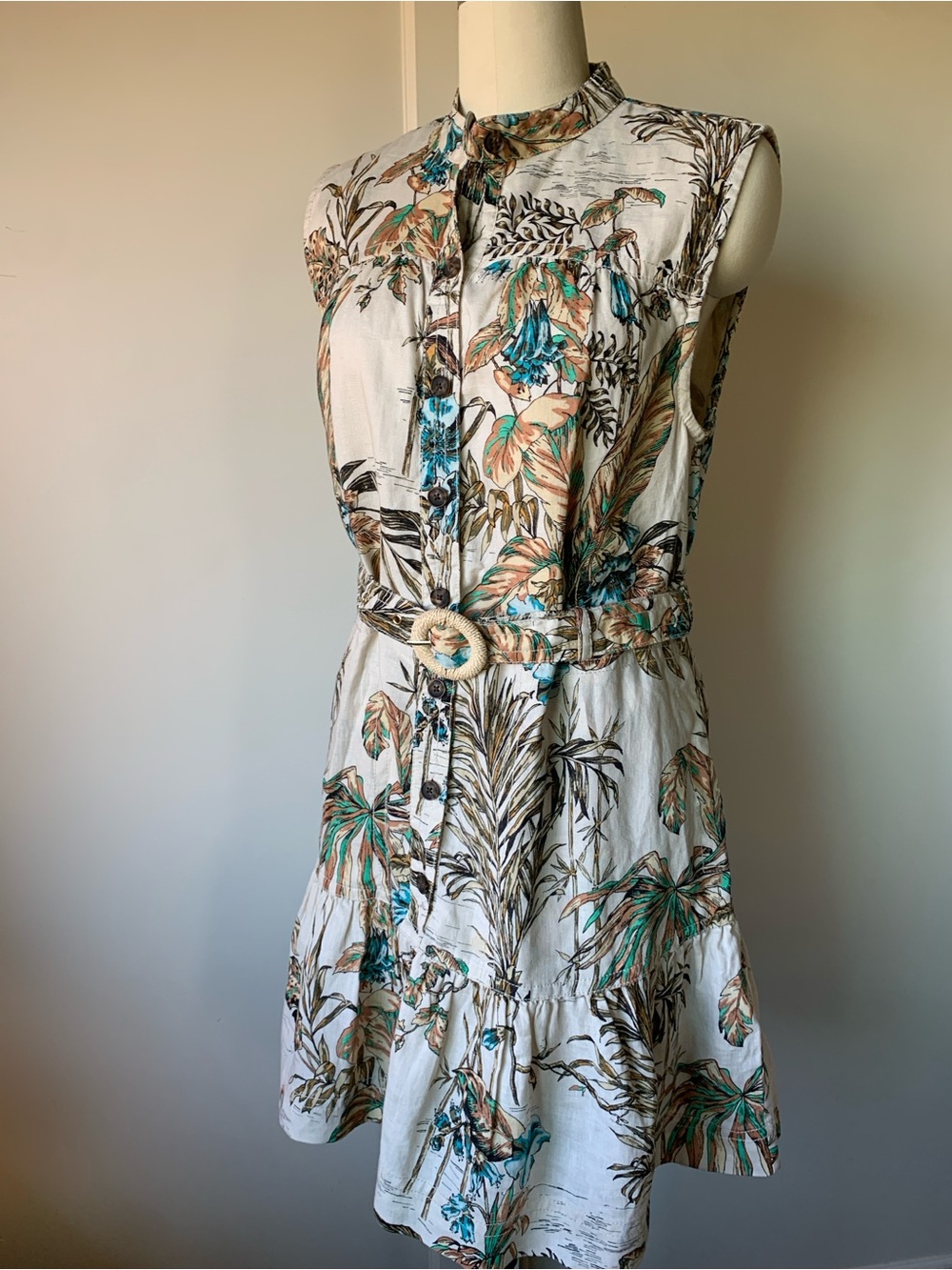 Banana Republic Linen Cream Tropical Print Sleeveless Shirt Dress with Belt